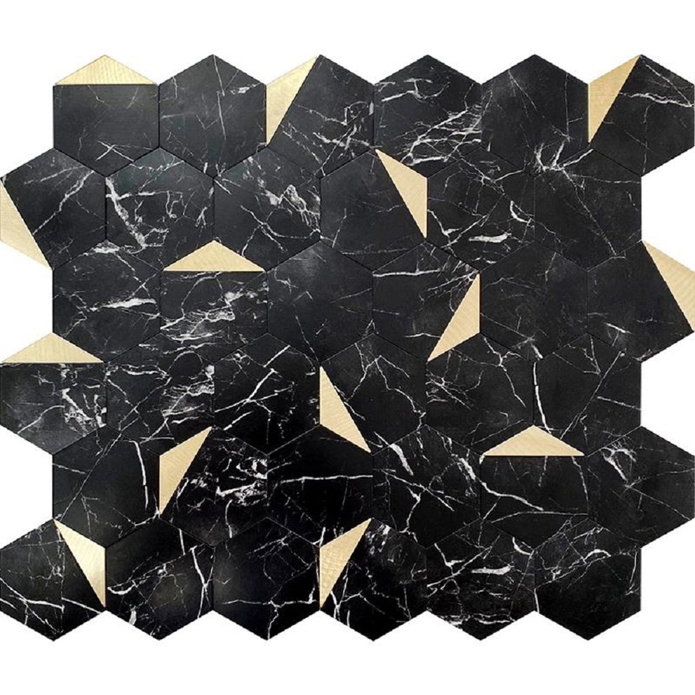 Honed peel and stick hexagon tile in a black marble-look and gold metal-look design