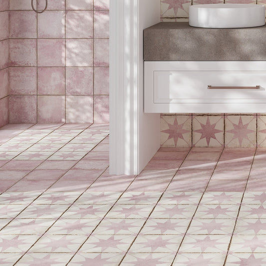 dusty pink 8x8 matte square porcelain floor and wall tiles with star pattern
