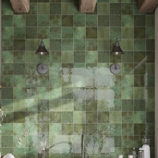 Glossy moss green 6x6 zellige square porcelain tiles with reflective surface