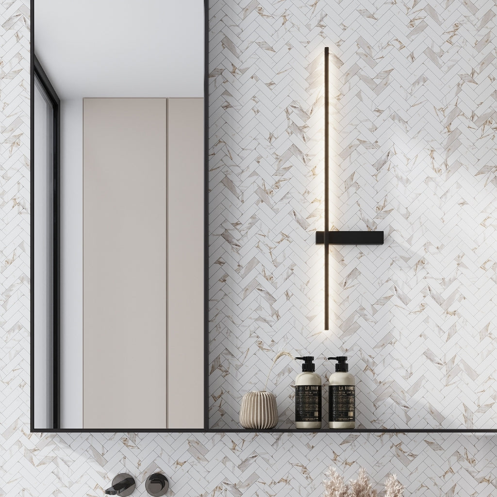 White with Gray-Gold 11x12 Polished Herringbone Porcelain Mosaic Tile (5 pack, 4.76 sq ft/case)