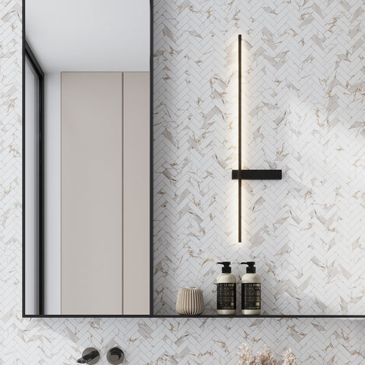 White with Gray-Gold 11x12 Polished Herringbone Porcelain Mosaic Tile (5 pack, 4.76 sq ft/case)