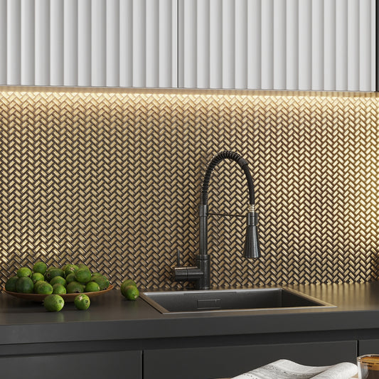 gold 12x12 glossy herringbone glass mosaic tile backsplash with shimmering metallic finish