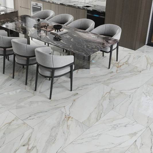 white polished porcelain tile with gray and golden veins large 24x48 format