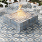 white weathered slate 8x8 matte porcelain tile with star square motif on floor and firepit surround