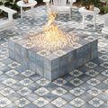 white weathered slate 8x8 matte porcelain tile with star square motif on floor and firepit surround