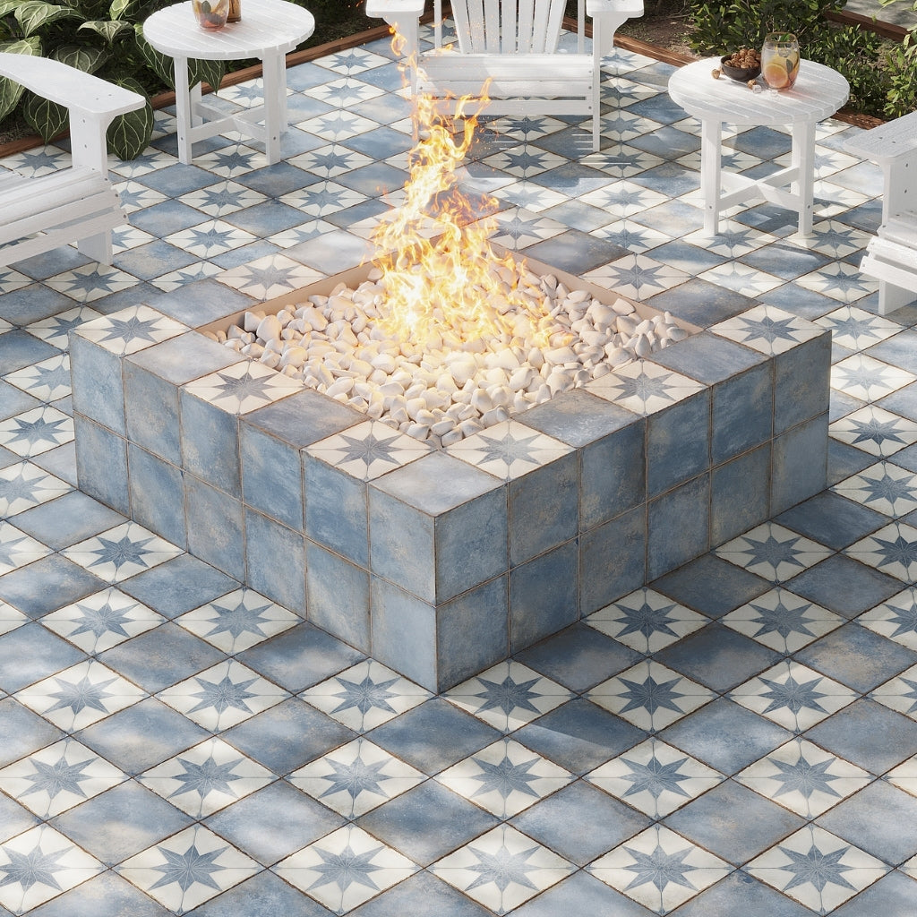 white weathered slate 8x8 matte porcelain tile with star square motif on floor and firepit surround
