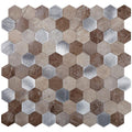 Beige hexagon honed peel and stick tile mosaic with metallic accents for kitchen and bathroom backsplash
