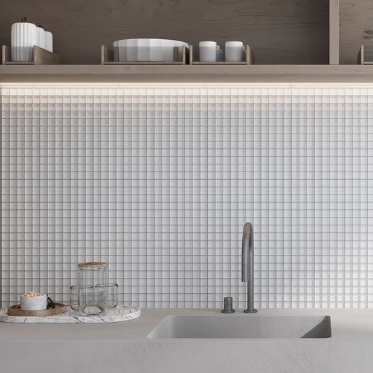 white 12x12 matte square glass mosaic backsplash tile with uniform mesh mounting