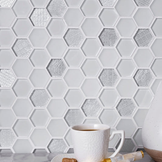white 12x12 hexagon glass mosaic tile with mixed glossy and matte finishes creating subtle shimmer