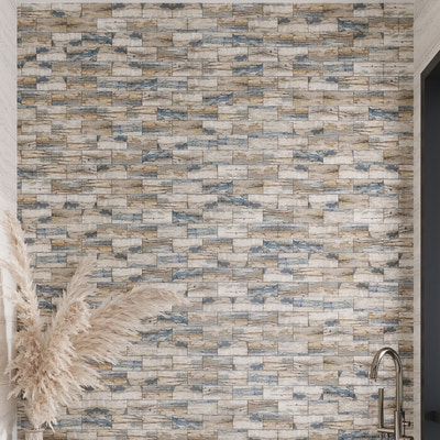 blue beige matte brick recycled glass mosaic tile wall with rustic texture
