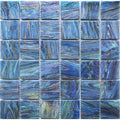 Glossy midnight blue 12x12 glass mosaic tiles with swirling light and dark blue patterns