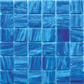 Glossy ultramarine blue glass mosaic tile sheet with swirling pattern in 12x12 layout