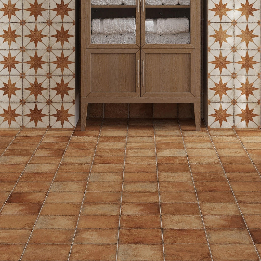 terracotta matte 8x8 square porcelain tiles with warm earthy tones on floor and walls