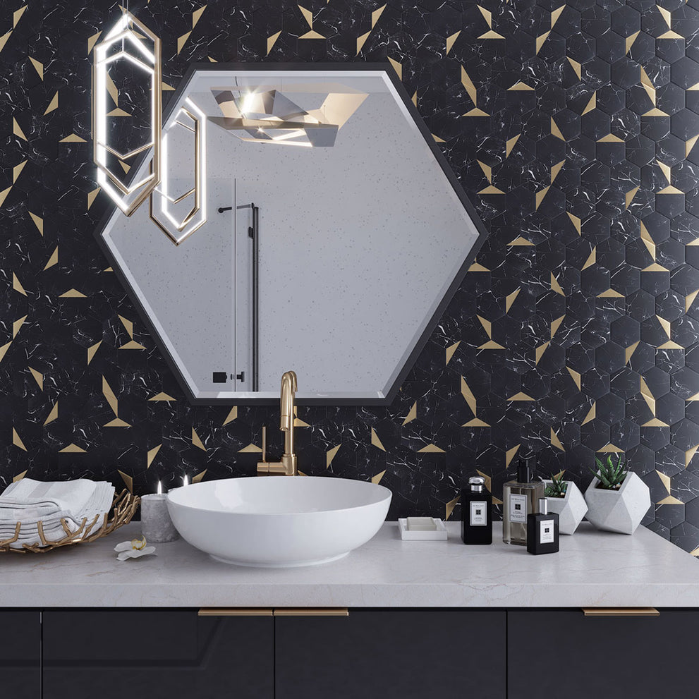Black and gold honed hexagon peel and stick tile