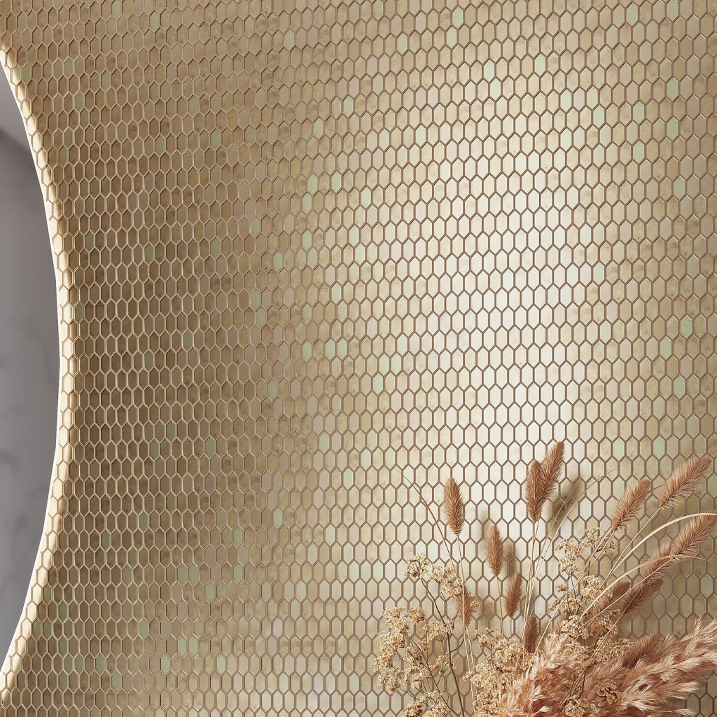 shimmer gold glossy uniform picket mosaic tile in 12x12 glass sheet with hexagonal pattern