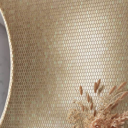 shimmer gold glossy uniform picket mosaic tile in 12x12 glass sheet with hexagonal pattern