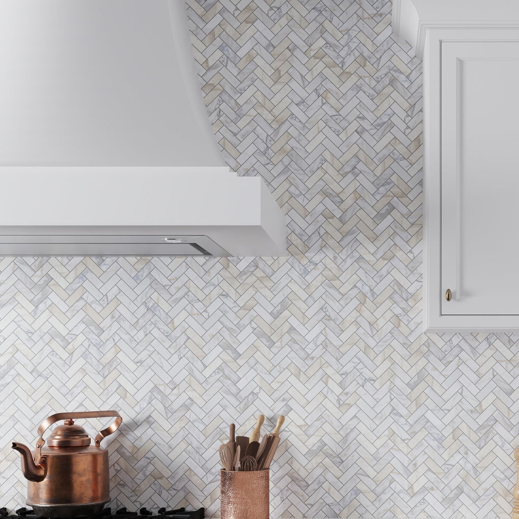 White Gray 12x13 Honed Herringbone Calacatta Gold Marble Mosaic Tile (5 pack, 5.29 sq ft/case)