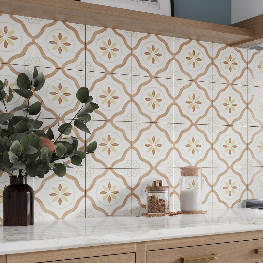 Clay off-white 9x9 Matte, Glossy Floral Square Porcelain Tile (13 pack, 6.96 sq ft/case)