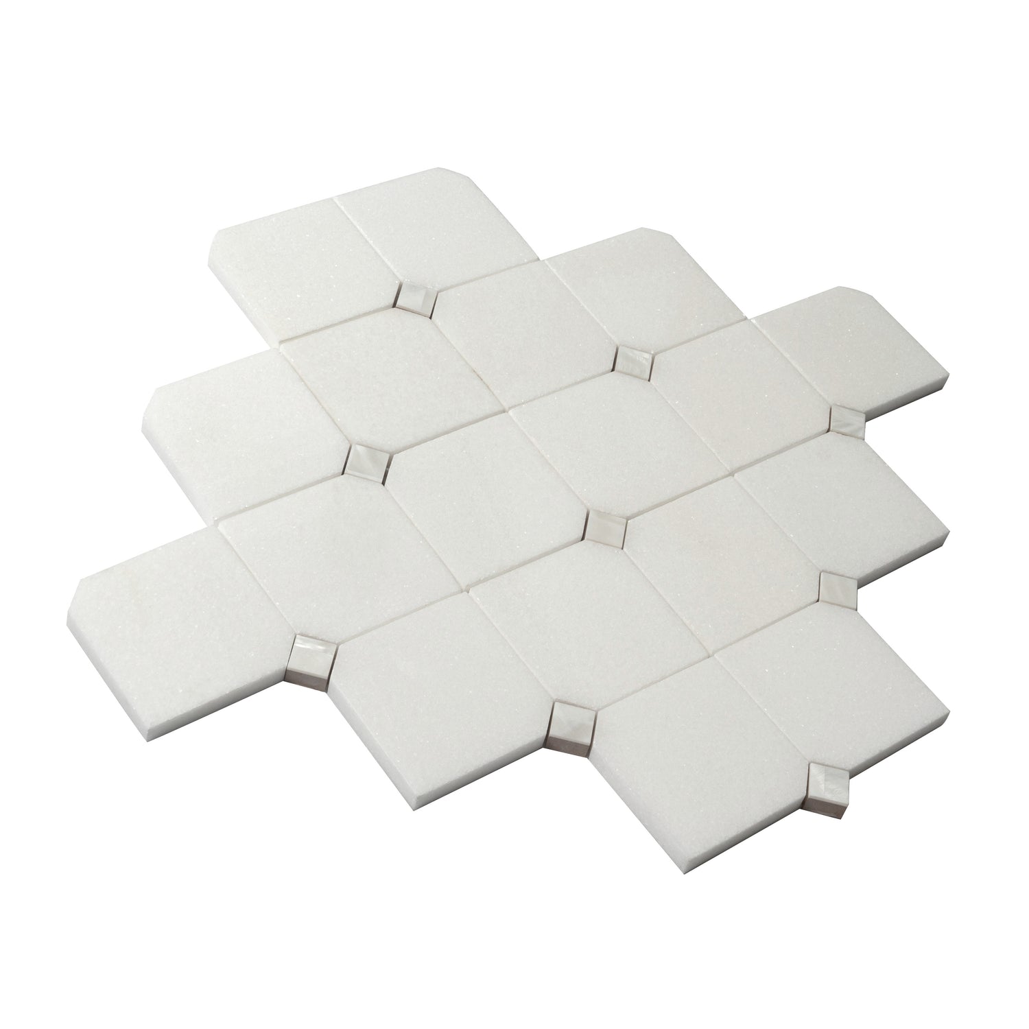 Pearl white polished Thassos shell hexagon mosaic tile with small square accents