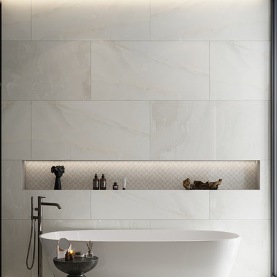alabaster white 36x36 lappato porcelain large format wall tile with subtle veining and smooth finish