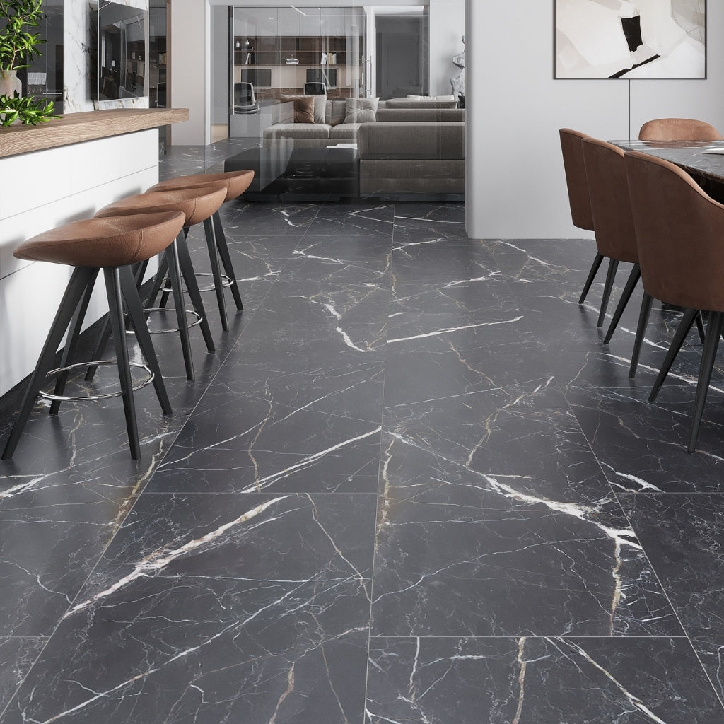 charcoal black 24x48 porcelain matte large format tile with subtle white veining on floor