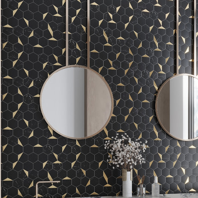 Black gold honed hexagon PVC peel and stick tile for kitchen and bathroom backsplash