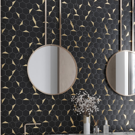 Black gold honed hexagon PVC peel and stick tile for kitchen and bathroom backsplash