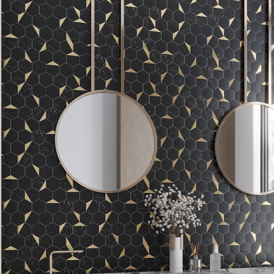 Black gold honed hexagon PVC peel and stick tile for kitchen and bathroom backsplash