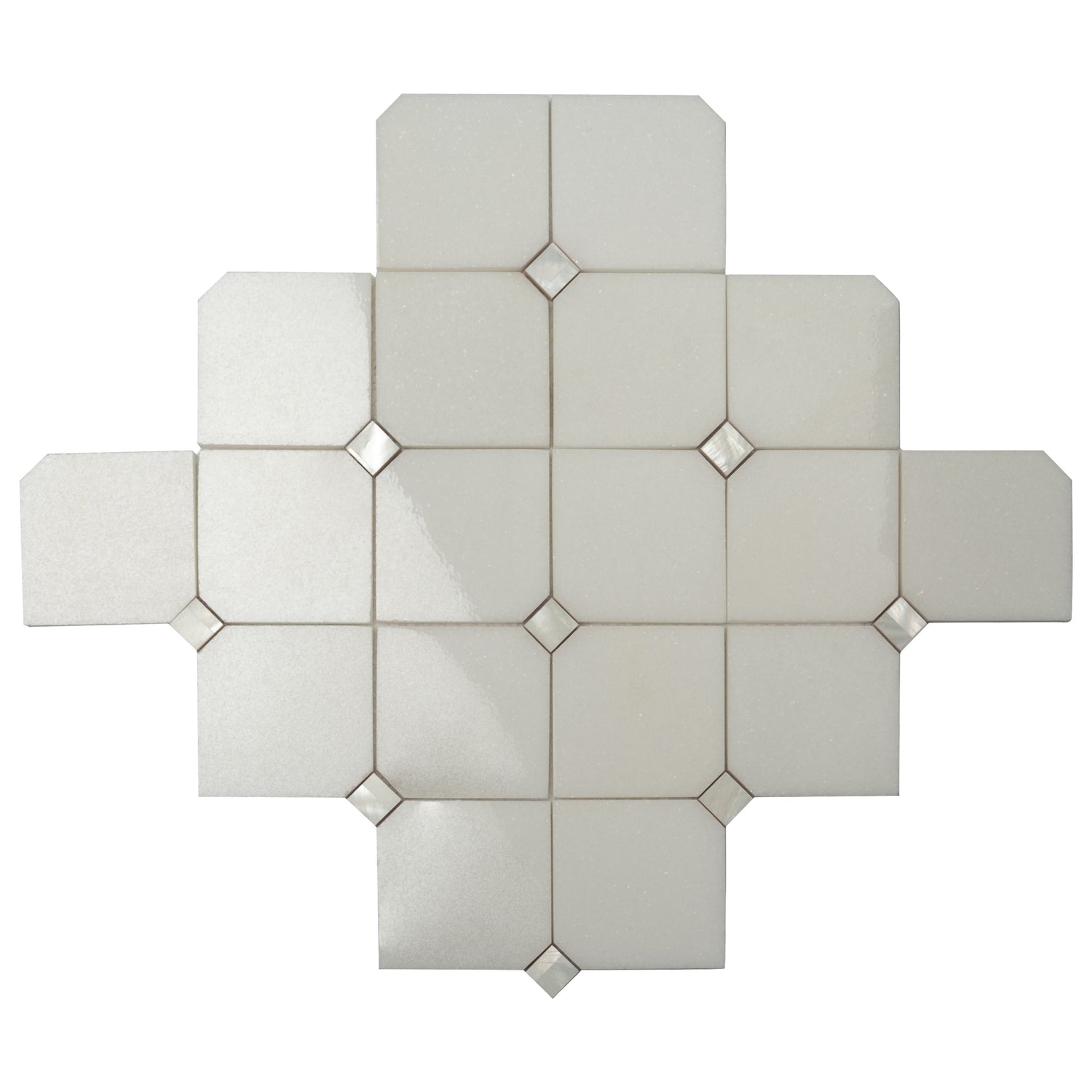 Pearl white polished Thassos shell hexagon mosaic tile with small diamond accents arranged in pattern