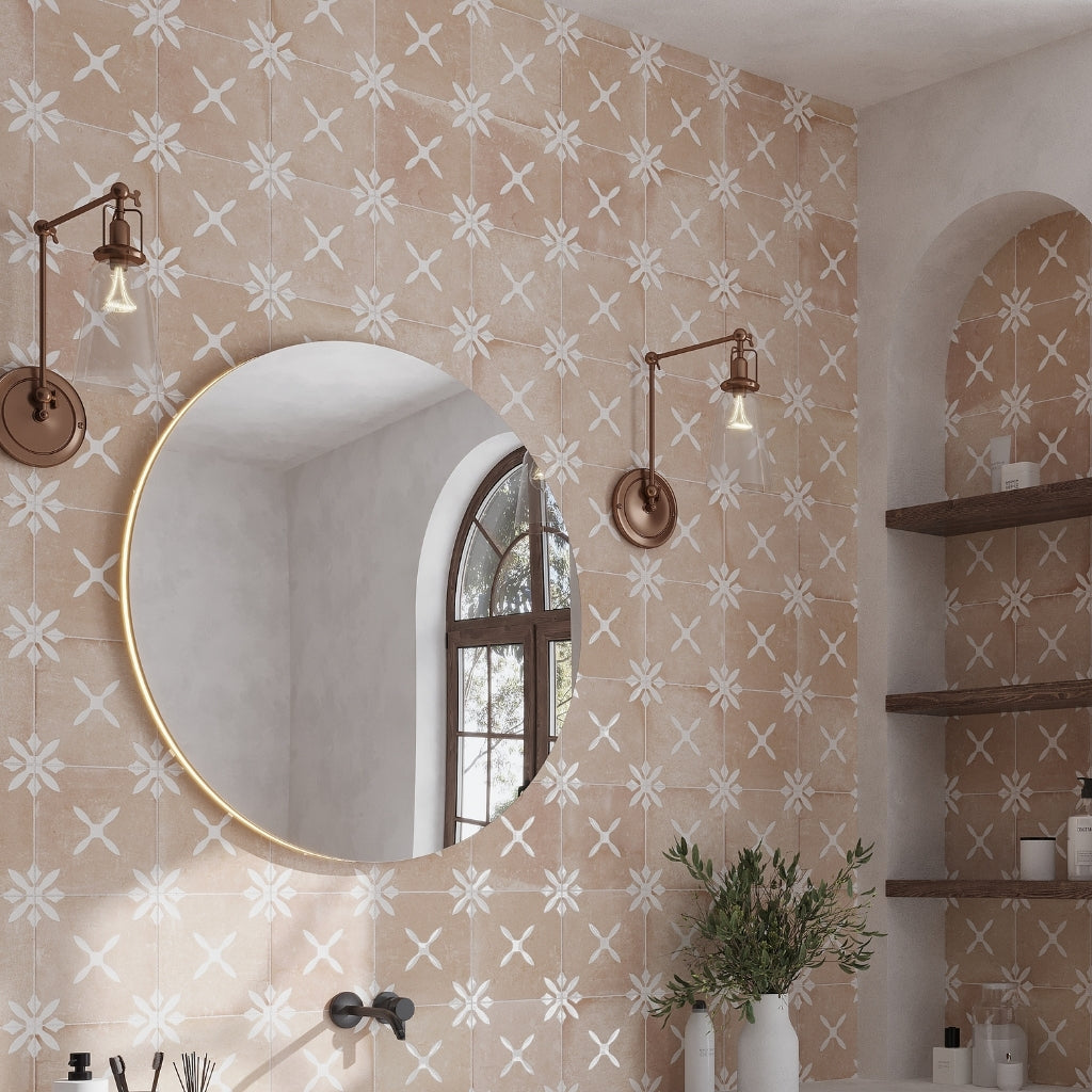 Terracotta Beige 9x9 Matte, Glossy Floral Square Porcelain Tile (13 pack, 6.96 sq ft/case)