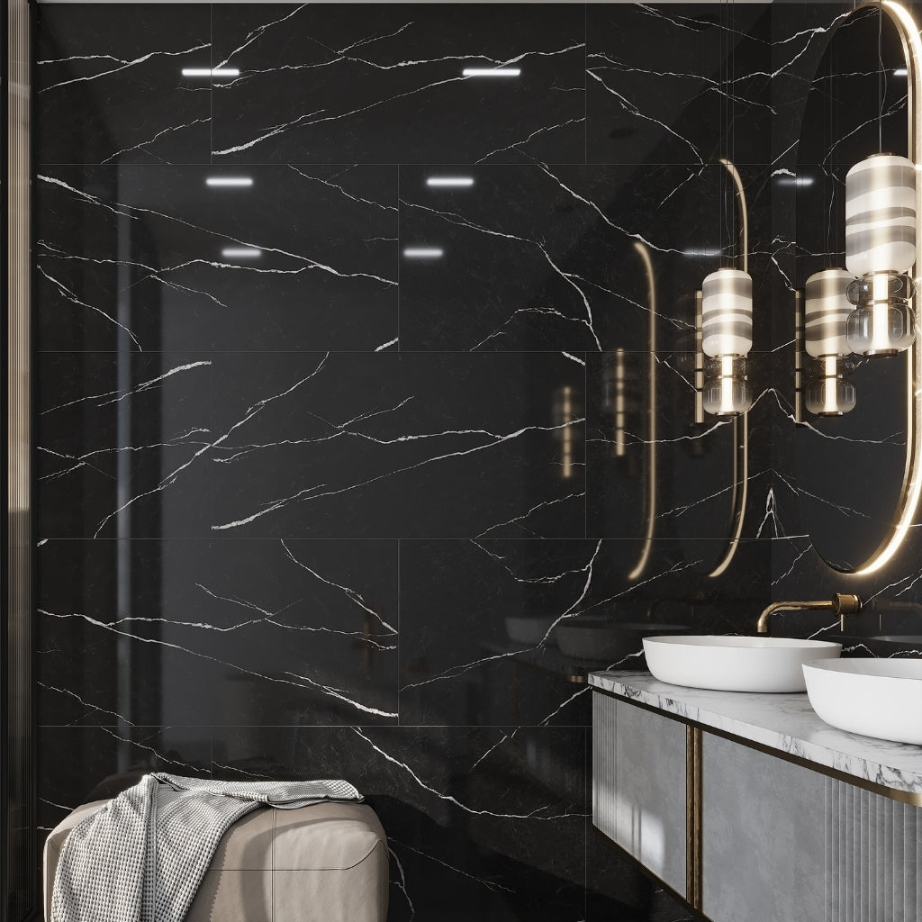 Black 24x48 Polished Porcelain Large Format Tile (2 pack, 15.55 sq ft/case)