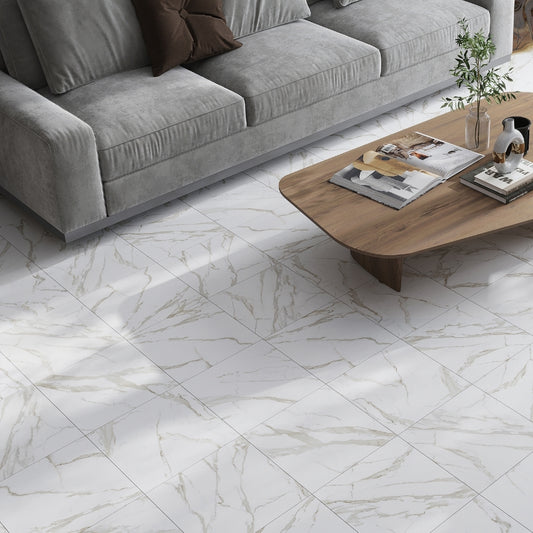 beige 12x12 matte marble-look vein porcelain floor tile with subtle veins and textured finish