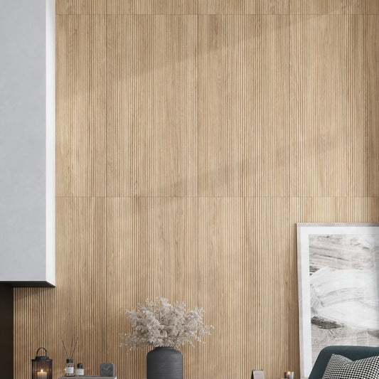 honey wood 24x48 matte fluted porcelain tile with subtle linear ridges and warm beige tone