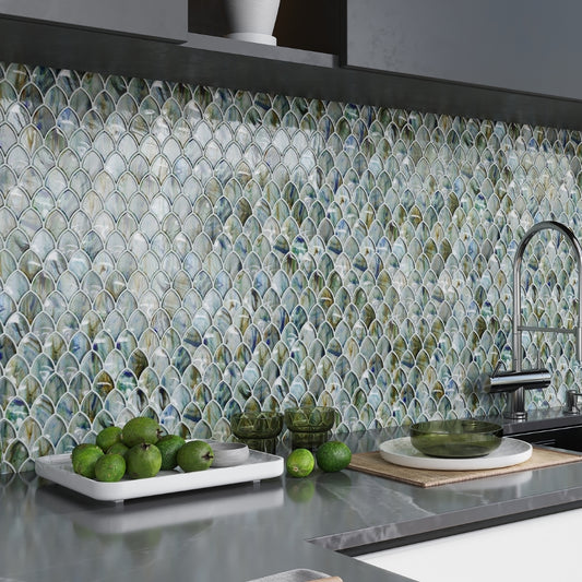 Blue Silver 11x11 Glossy Fan Fish Scale Glass Mosaic Tile (10 pack, 8.48 sq ft/case)
