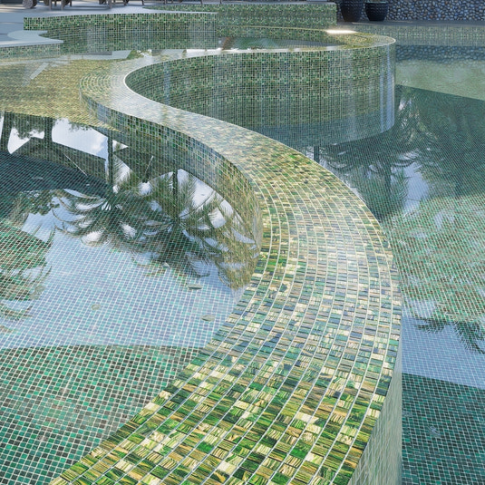 curved pool edge covered with lincoln green gold 12x12 glossy square glass mosaic tile