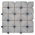 frost white 12x12 glossy ceramic mosaic wall tile with blue accents and small metallic corner inserts