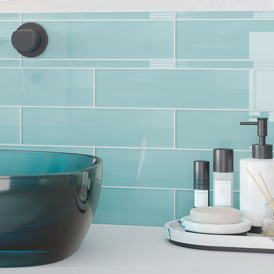 Sky blue 3x12 glossy glass subway tile installed as a kitchen backsplash wall