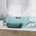 Sky blue glossy glass subway tile 3x12 installed as kitchen backsplash wall