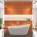 Orange 12x12 glossy square glass mosaic tile on bathroom accent wall