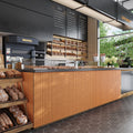 Orange matte square glass mosaic tiles 12x12 on bakery counter front surface