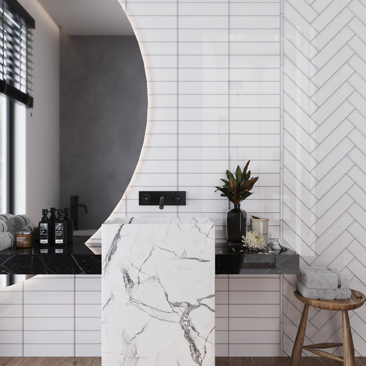 White glossy 3x12 glass subway tile backsplash for bathroom wall