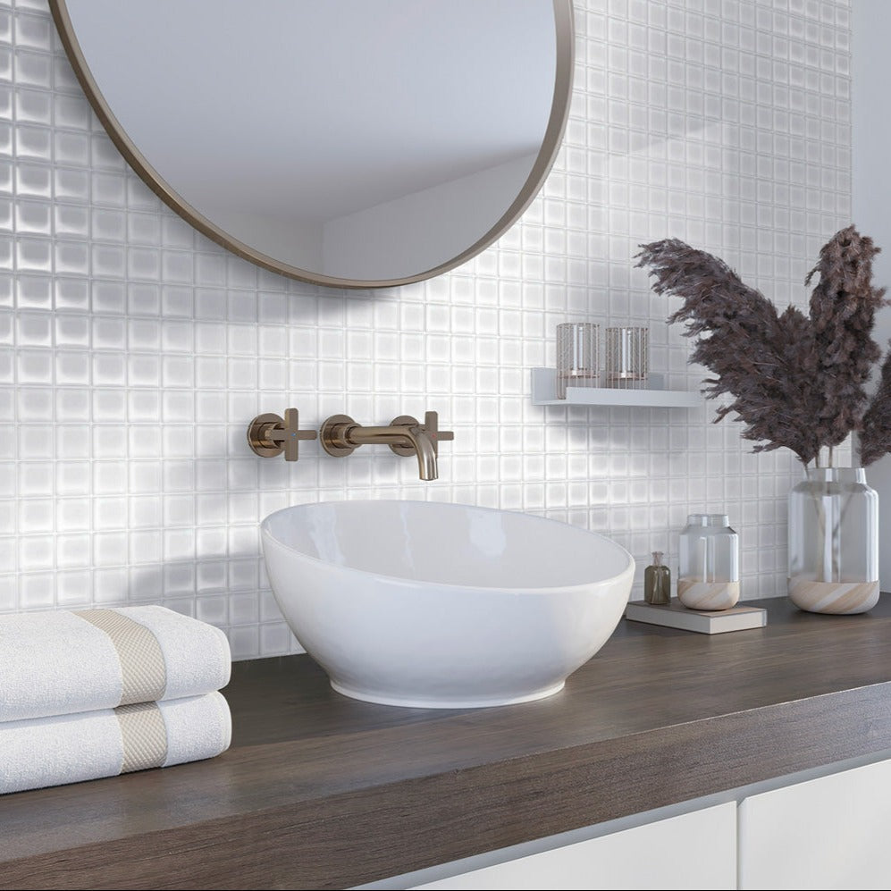 10 pack White 11.8 in. x 11.8 in. 1 in. x 1 in. Polished Glass Mosaic Tile (9.67 sq ft/case) - Sample