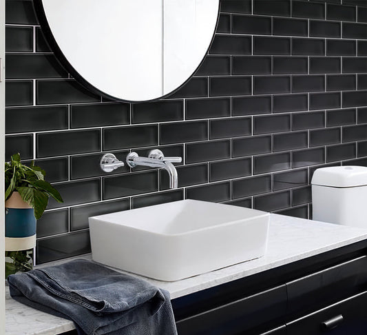 Sample-Black 3x6 Glossy Glass Subway tile (40 pack, 5 sq ft/case)