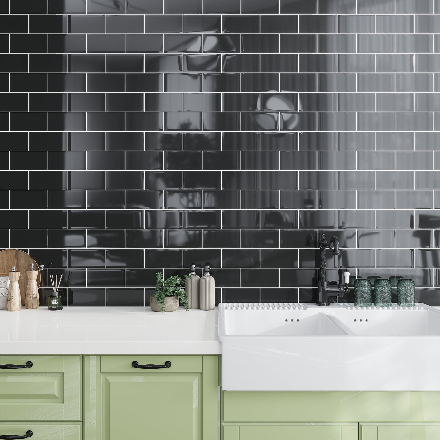 Black 3x6 Glossy Glass Subway tile (40 pack, 5 sq ft/case)