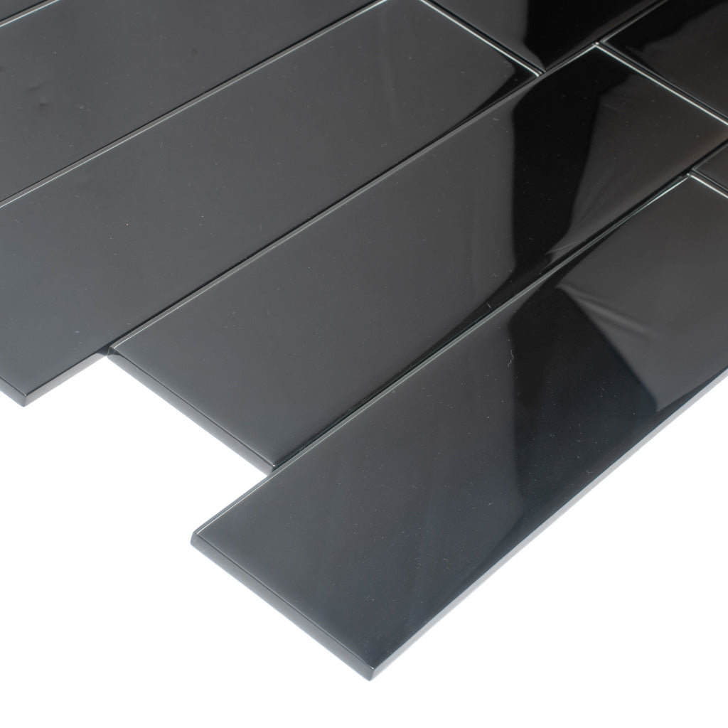 4x16 Black Polished Glass Subway Tile