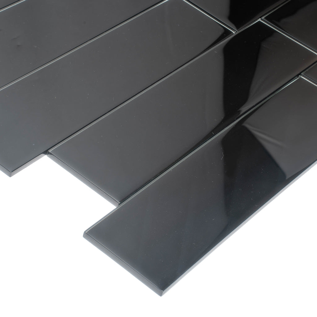 Black 4x16 Glossy Subway Glass Tile (12 pack, 5.33 sq ft/case) - Sample