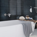 black matte glass mosaic square tile, 12x12 inches, installed on bathroom wall