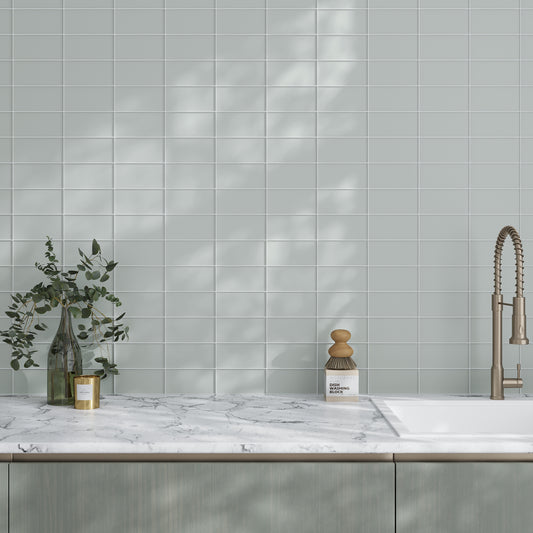 Gray matte glass subway tile 3x6 on kitchen backsplash