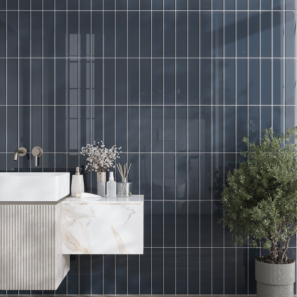 Glass subway backsplash tile in coin gray tone