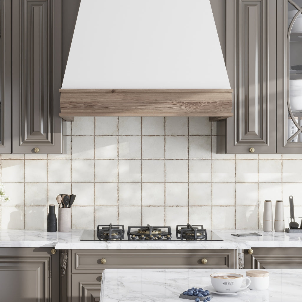 chalk white 8x8 matte square porcelain tile backsplash in modern kitchen setting